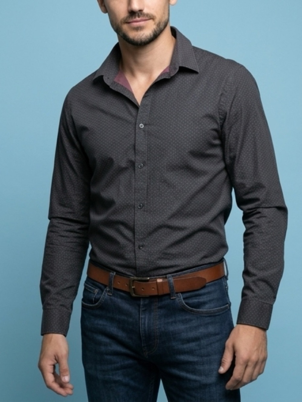 H&M Dark Gray Microdot Long-Sleeve Dress Shirt